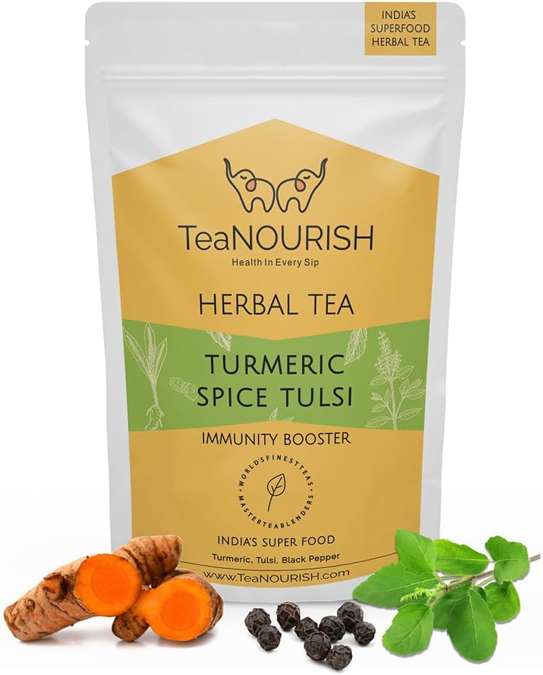TeaNOURISH Turmeric Spice Tulsi Herbal Tea | Immunity Booster | Loose Blend of Indian Superfoods, Rich in Antioxidants | 100% NATURAL - 3.53oz/100g