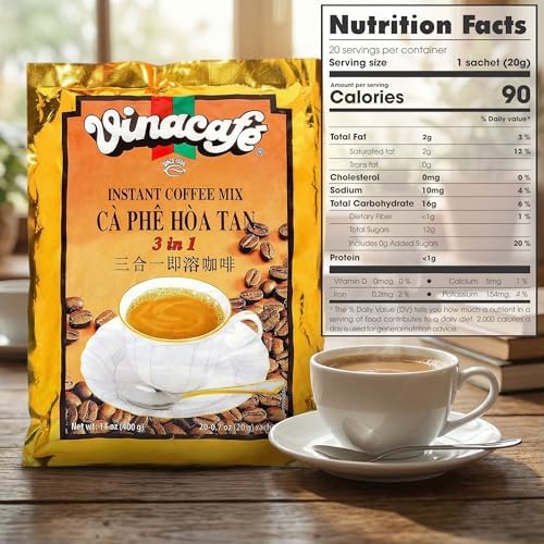 Vinacafe Instant Coffee Packets 3 in 1 Authentic Vietnamese Taste, Balanced Medium Roast Coffee Mix for Quick Preparation at Home, Office or Travel, Single Serve Sachets (Pack of 2 | 20 Sachets Per Bag)