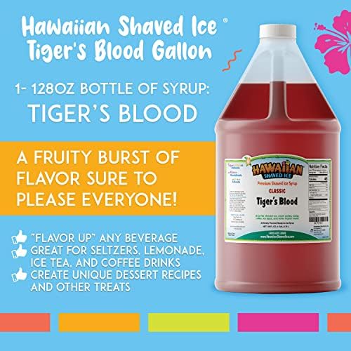 Hawaiian Shaved Ice Syrup Gallon, Tiger's Blood Flavor, Great For Slushies, Italian Soda, Popsicles, & More, No Refrigeration Needed, Contains No Nuts, Soy, Wheat, Dairy, Starch, Flour, or Egg Products