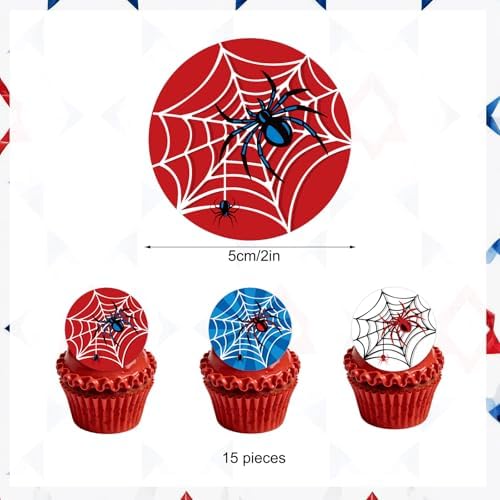 15pcs Edible Spider Edible Cake Topper, 5cm/2in Round Cartoon Theme Spider Birthday Cupcake Decorations Decor Picks for Kids Birthday Celebration Supplies