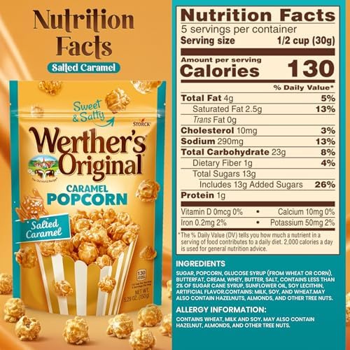 Werthers Caramel Crunch Topping Popcorn Duo Pack – Classic & Salted Caramel Flavours, 2 × 5.29 oz Resealable Popcorn Bags – Gourmet Sweet & Salty Snack Box Gifts for Movie Nights