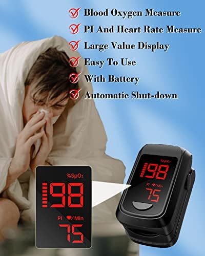 HOLFENRY JKS50BL Pulse Oximeter Fingertip- Mini Oximeter Oxygen Saturation Monitor for SpO2/Heart Rate/PI, with Auto Graph Display