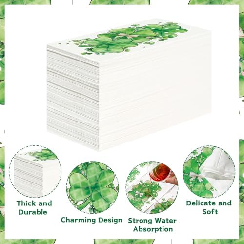 100Pcs Shamrock Paper Napkins 3 Ply Green Shamrock Clover Disposable Absorbent Hand Towels Watercolor Green Guest Napkins for Spring Lunch Dinner Kitchen Supplies