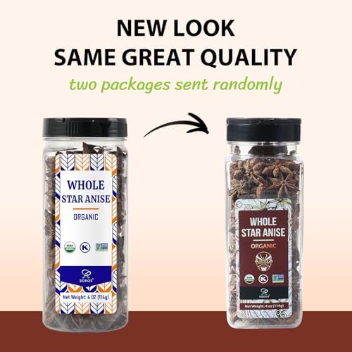 Soeos Organic Star Anise, Whole Star Anise 4 oz (114g), Chinese Star Anise Pods, Star Anise Organic Whole, Non-GMO Verified, Dried Star Anise for Beverages, Cooking, Baking