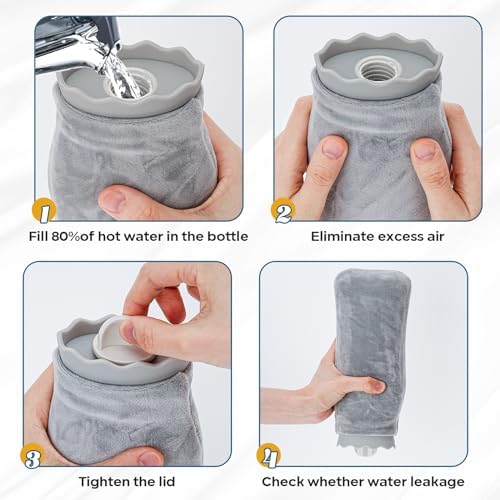 Silicone Hot Water Bottle with Cover - 650ml Hot Water Bag for Hot & Cold Therapies, Microwaveable Leakproof Hot Water Bottle for Keeping Hand Feet Warm - Gift for Kids Adults Elderly in Winter (Grey)