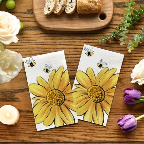 Horaldaily 100 Spring Disposable Paper Decorative Guest Napkins, Sunflower Bee Hand Towel for Party Lunch Dinner Kitchen Bathroom