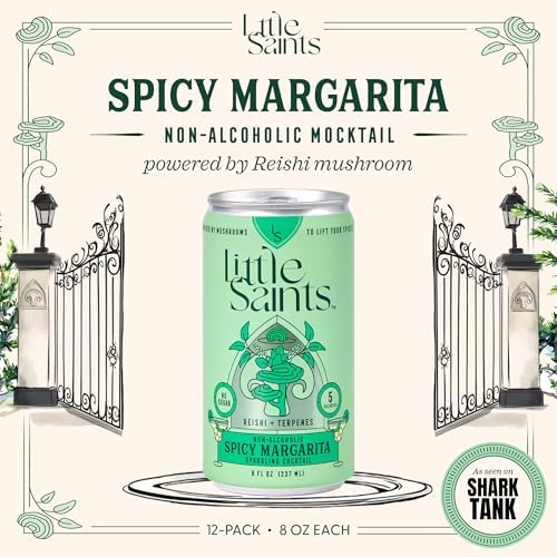 Little Saints Non-Alcoholic Spicy Margarita Mocktail | Bold Citrus & Slow Burn | Crafted with Reishi Mushroom & Adaptogens for Calm & Ease | 5 Calories | Sugar Free, 12-Pack 8oz Cans