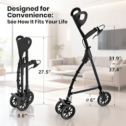 Rollator Walker for Seniors, Lightweight Foldable Rollator with Hand Brake, Aluminum Frame & 6" Wheels, Compact Folding Design for Stability Balance, One-Handed Walker Aid for Elderly