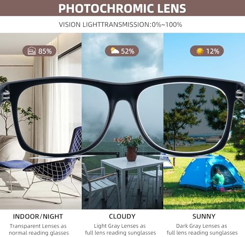 Photochromic Reading Glasses for Women Men, Womens Mens Full Reading Sun Glasses Variable Tinted Readers Grey Color Lens Black Frame, +1.25