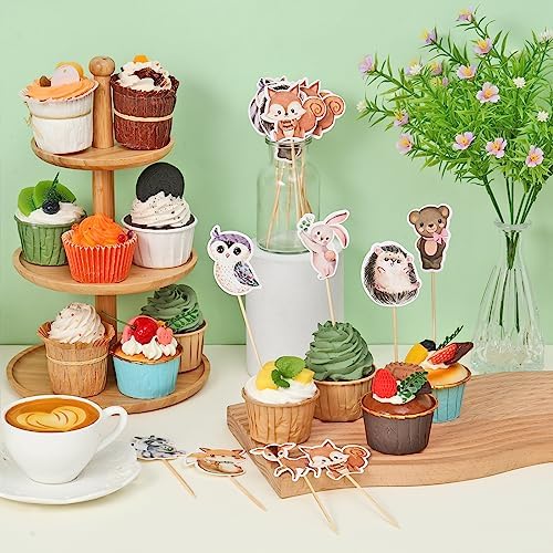 49 Pcs Woodland Cupcake Topper Neutral Forest Animal Cupcake Toppers for Woodland Baby Shower Decorations Floral Leaf Boho Birthday Party Supplies Gender Reveal Favors Decor(Leaf Style)