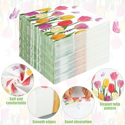 100 PCS Spring Tulip Cocktail Napkins Spring Floral Paper Party Napkin Disposable 3-Ply Watercolor Tulip Beverage Dessert Napkins for Bridal Shower Wedding Birthday Tea Party Supplies