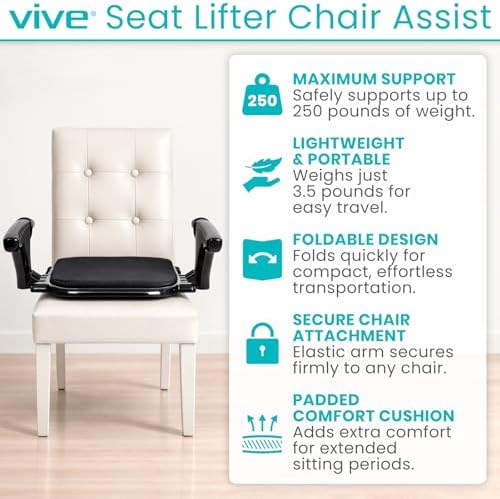 Vive Seat Lifter Chair Assist for Elderly & Adults - Patented Portable Sit to Stand Lift Device for Seniors - Stand Assist Aid & Support - Cushioned Transfer & Mobility Aid - Supports 250 pounds