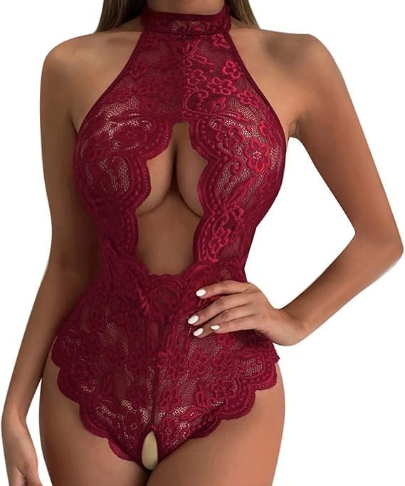 DITSONEO Women's Underwear, Pajamas, Backless Sexy Lace Hollow Crotch Jumpsuit, One-Piece Swimsuit, Doll Pajamas