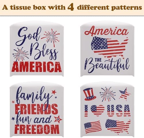 4th of July Patriotic Tissue Box Cover - Family Friends Fun and Freedom Red White Blue Flag PU Leather Square Tissue Holder for Bathroom Nightstand Kitchen Office Independence Day Christian Home Decor