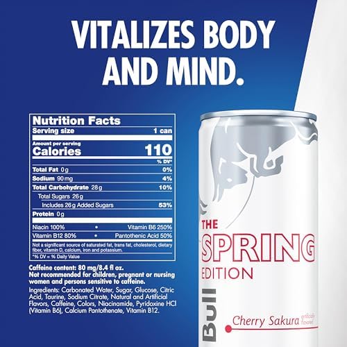 Red Bull Spring Edition Energy Drink, Cherry Sakura, 80mg Caffeine, Taurine & B Vitamins, 8.4 fl. oz. Pack of 24 Cans