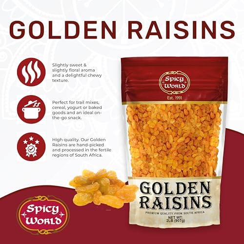 Spicy World Golden Raisins 2 LB Bulk Bag - Sweet & Seedless Sultanas from South Africa | | Perfectly Dried for Natural Sweetness | Ideal Dried Fruit Snack | For Baking & More | No Added Sugar