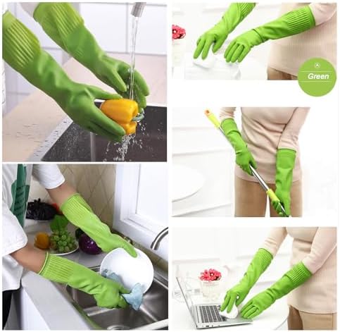 Bamllum 3 Pairs of Rubber Dishwashing Gloves for Kitchen and Household Cleaning – Long Cuff 15", Reusable, Flexible Long-lasting and Non-Slip (Red+Yellow+Green, Medium)