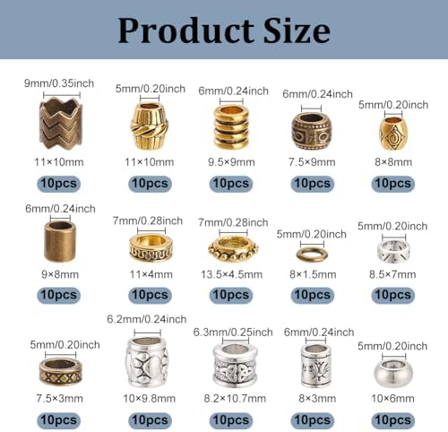 NBEADS 150 Pcs 15 Styles African & Tibetan Style Alloy Dreadlock & Beard Beads - Big Hair Beads for Men & Women Hair Braids & Decoration, Silver/Golden/Bronze, Hole 5-9mm