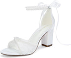 Lace Wedding Shoes for Bride Pearl Heels Bridal Shoes Block Heel Wedding Sandals