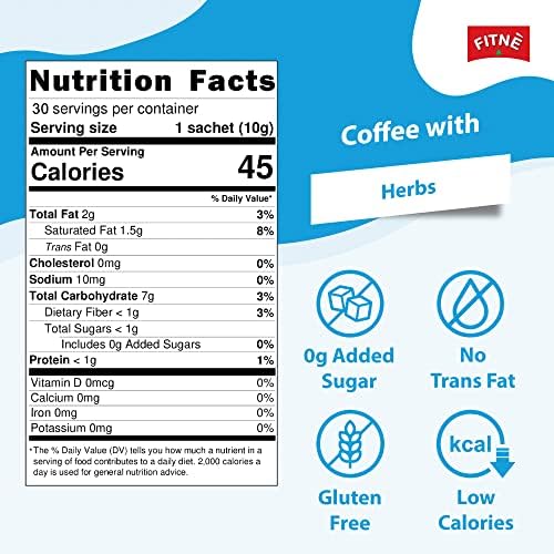 FITNE Instant 3 In 1 Coffee Packets Mix With Herbs Cinnamon Garcinia Safflower Spice Latte Smooth Blend No Sugar Sucralose Sweetener, 30 Sachets