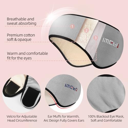 Sleep Mask with Adjustable Heads, Earmuffs for Sleep, Ear Warmers for Men & Women, 2 in 1 Ear Mask and Eye Cover, Comfortable & Soft for Side Sleepers (Grey)