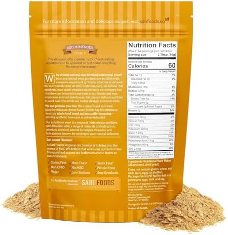 Sari Foods Nutritional Yeast Flakes 8oz, Non Fortified Nutritional Yeast Seasoning Superfood, Protein, Gluten Free & Dairy Free Vegan Cheese Parmesan Substitute, Vitamins B, Beta-glucans & 18 Amino Acids