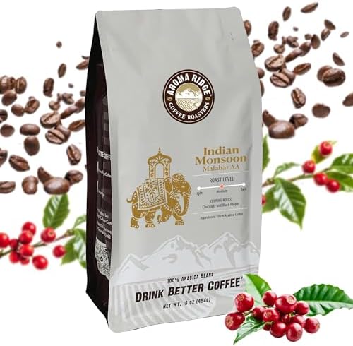 Indian Monsoon Coffee, Malabar AA, Distinctly Low Acidity, 1lb (16ounce bag) Whole Beans, Vacuum Valve Bag for Freshness