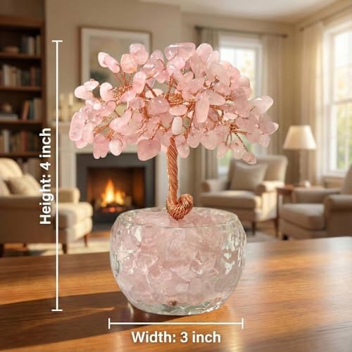 Rose Quartz Crystal Tree of Life - Natural Gemstone Feng Shui Bonsai - Healing Crystals Decor for Home Office, Attract Love & Relationships - Spiritual Gifts for Women (Pink)