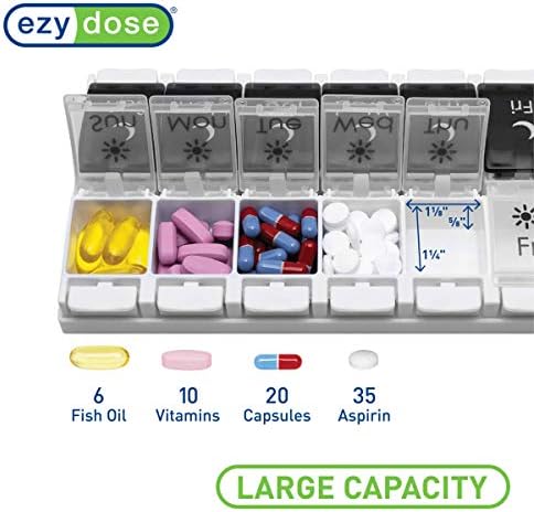 EZY DOSE Push Button (7-Day) Pill Case, Medicine Planner, Vitamin Organizer, 2 Times a Day AM/PM, Removable Trays, Large Compartments, Arthritis Friendly, Spring Open Black and White Lids, BPA Free