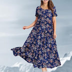 Zhyaj Boho Maxi Dress for Womens Cotton Floral Printed Long Dress Summer Casual Short Sleeve Beach Vacation Dresses