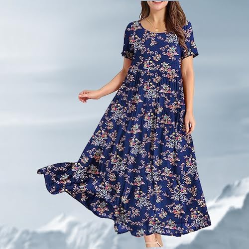 Zhyaj Boho Maxi Dress for Womens Cotton Floral Printed Long Dress Summer Casual Short Sleeve Beach Vacation Dresses