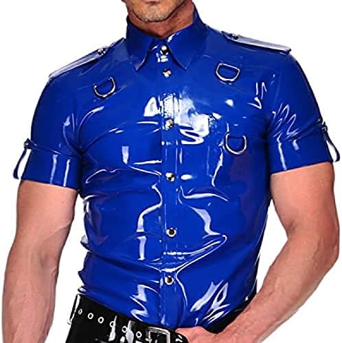 Latex Shirt with Buttons On The Front, Turn-Down Collar, Short Sleeves, D-Rings, Rubber Top Clothing,Blue,L