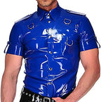 Latex Shirt with Buttons On The Front, Turn-Down Collar, Short Sleeves, D-Rings, Rubber Top Clothing,Blue,L