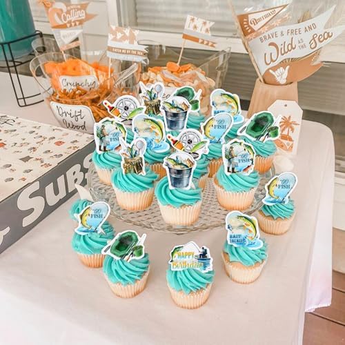 Ercadio 40Pcs Edible Sea Fishing Cupcake Toppers Edible Fishes Fishing Tools Cupcake Picks for Summer Outdoor Fishing Theme Baby Shower Fisherman Birthday Party Cake Decorations Supplies
