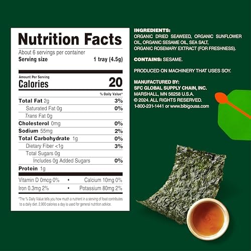 Bibigo Sesame Flavored Seaweed Snacks, 6 Individual Packets, 0.16 Ounce (Pack of 6)