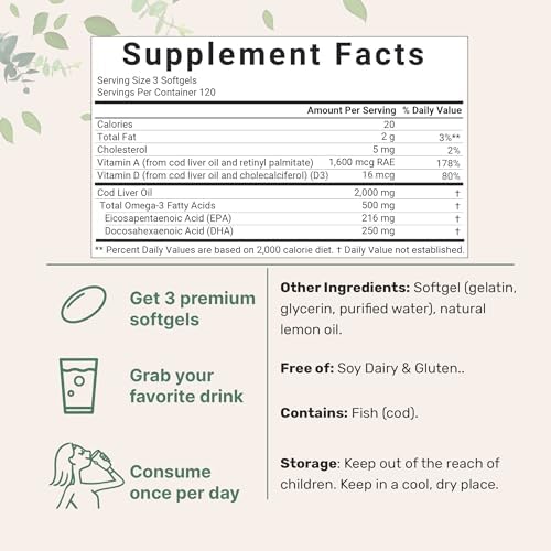 Cod Liver Oil 2,000mg Per Serving, 360 Softgels | Burpless Lemon Flavored – Rich in Omega 3, Vitamins A & D3, EPA, DHA | Wild Caught Arctic Deep Sea Fish | Heart, Brain, & Immune Supplement