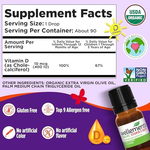 Wellements Baby Organic Vitamin D Drops for Infants & Toddlers (90-Day Supply) - Certified Newborn+ Liquid Vitamin D3 Drops, Support Healthy Growth & Bone Development 400 IU per Drop (1 Drop Daily)