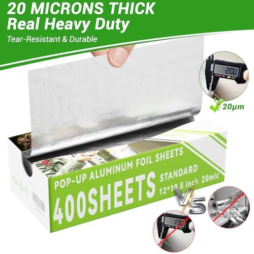 Aluminum Foil Sheets, 400 Count Tin foil,12" x 10.6" Pre-Cut Pop-Up Dispenser for Food Wrap, Hot Dog or Sandwich Wrap,Food Storage, Baking, Catering, Restaurant,Kitchen Use (Silver, 12 Inch)