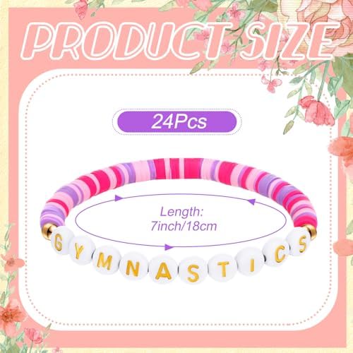 24 Pcs Gymnastics Bracelets Gifts Gymnastics Party Favor Bulk Gymnast Clay Beaded Bracelets Sports Team Jewelry for Women Sport Team Fan Gymnast Birthday Party Favors