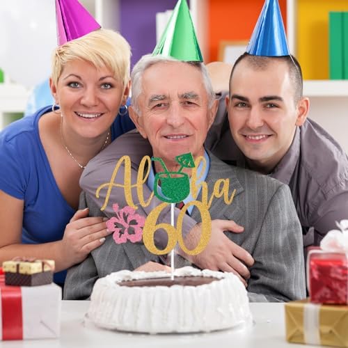 Aloha 60 Cake Topper, Luau Beach 60 Birthday Decor, Cheers to 60 Years, Hello 60, Hawaiian Tropical Theme Summer 60th Birthday Party Decorations