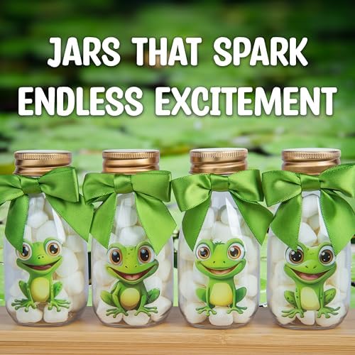 Ethisa Small 12 Pack Frog Party Favors - DIY Candy Jars with Ribbons and Stickers - Party Decoration Bottles for Birthday, and Baby Shower - Toad Theme Table Centerpieces