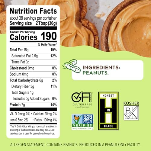 Once Again Creamy Natural Peanut Butter, No Salt or Sugar Added - Large 2.5 Pound Jar - Single Ingredient, Unsalted, Sugar Free Peanut Butter, No Palm Oil - Smooth and Unsweetened - 1 Jar (40 oz)
