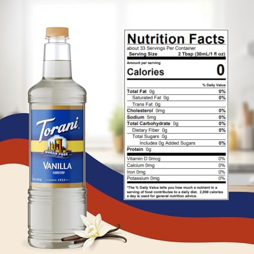 Torani Sugar Free Vanilla Syrup 1 Liter Bottle with Pump Dispenser – Zero Calorie Flavored Coffee Syrup for Lattes, Cold Brews, Teas, Cocktails & Desserts