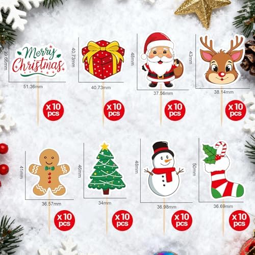 Morcheiong Christmas Cupcake Toppers - 80 Pcs Winter Holiday Party Fruit Cake Decoration Supplies