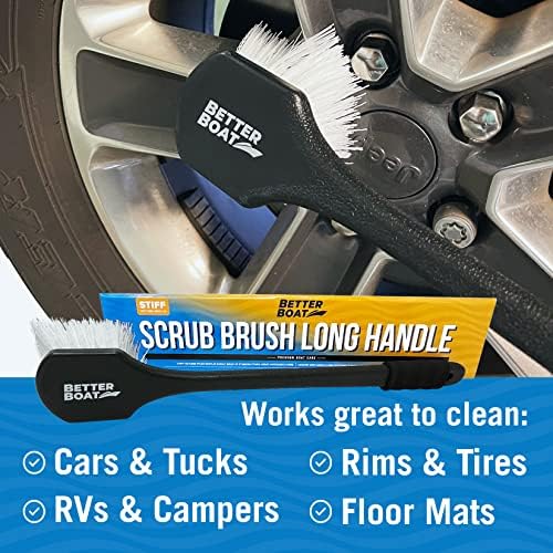 Stiff Hand Scrub Brush, Large Handle Heavy Duty Tire and Wheel Cleaning Tool, Outdoor Boat Scrubber with Handle, Carpet Cleaner, All-Purpose Cleaning Brush
