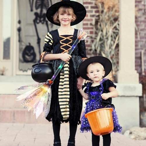 Halloween Witch Broomstick, Flying Prop with Ribbon Handle, Plastic and Mesh Design, Perfect for Cosplay, Party Decor, Costume Parties, Theme Events, Suitable for Children and Adults. (Black)