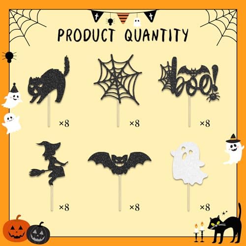 48 Pcs Halloween Cupcake Toppers with Bat, Ghost, Witch - Glitter Cupcake Picks for Cake Decorations and Party Supplies