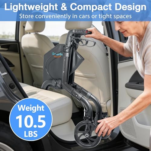 3 Wheel Walkers for Seniors with Bag and Hand Brakes, Lightweight Foldable Rollator with Swivel Front Wheel, Adjustable Height, Compact Mobility Aid for Elderly, Indoor Outdoor Use (Black)