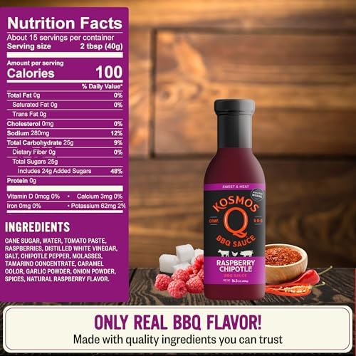 Kosmos Q Raspberry Chipotle BBQ Sauce, Sweet & Spicy BBQ Sauce with Real Raspberries & Chipotle Peppers, Bold Barbecue Sauce for Pork, Chicken, Brisket & More, Natural Ingredients, 16.5 Oz Bottle