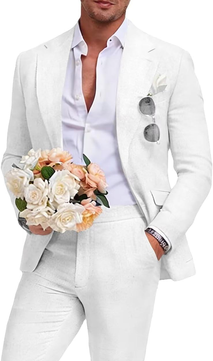 Beige Men's Linen Suit 2 Piece Slim Fit Summer Beach Wedding Dress Prom Party Suit Blazer Jacket and Pants